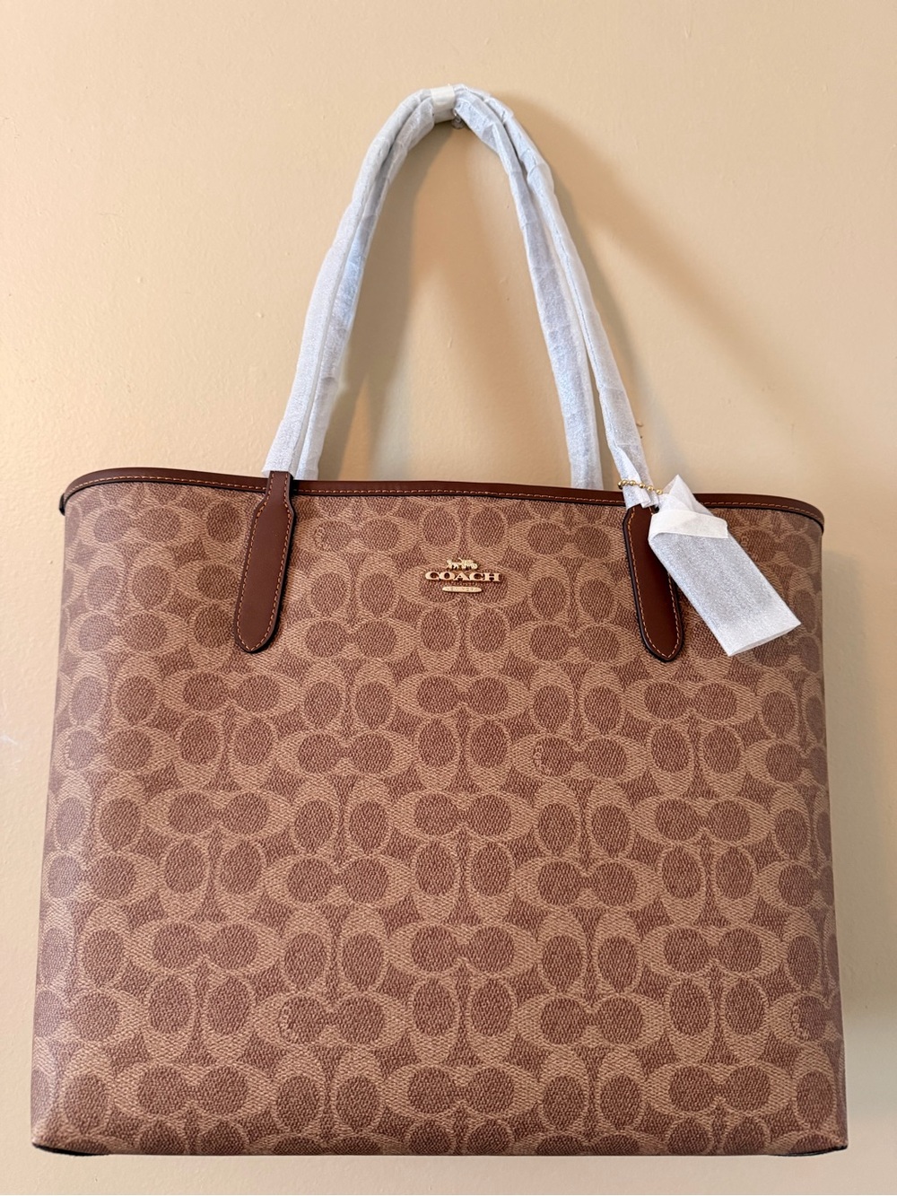 Coach Brown Signature Canvas Tote with Leather Trim - Picture 4 of 6